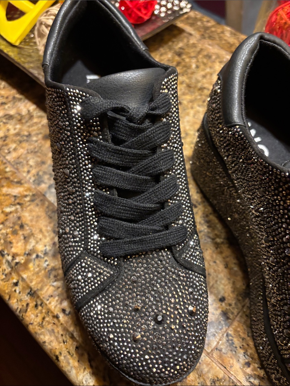 Black platform sneakers with all-over rhinestone embellishment. - Picture 8 of 9